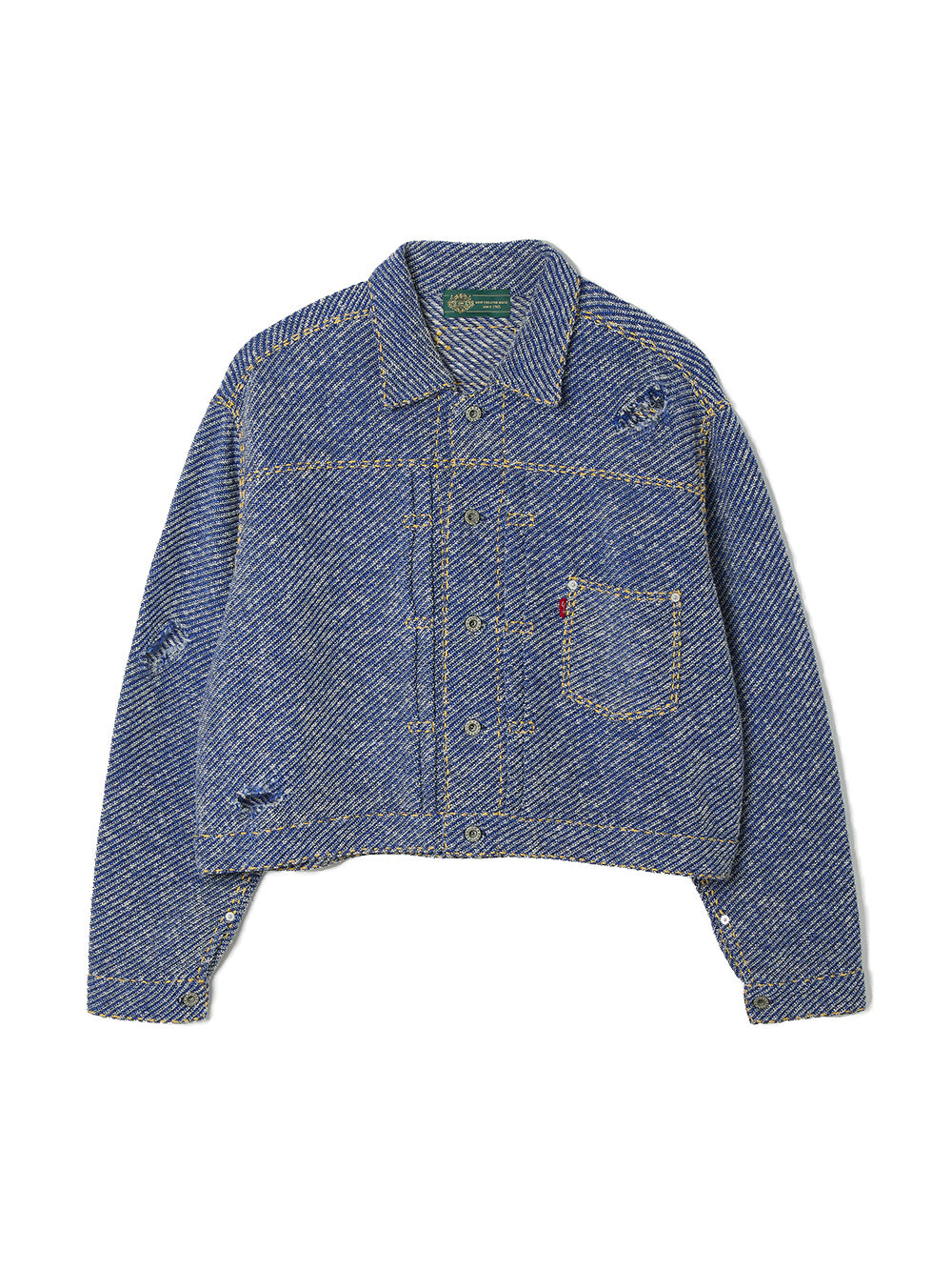 gimcontext ジムコンテキスト　ニット　デニムジャケット Hand-Stitched Damaged Denim Knit Jacket – gim context