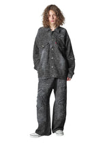 Hard Damaged Black Denim Knit Jacket